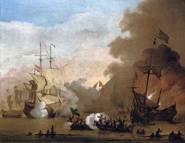 A confrontation between an English ship and vessels of the Barbary Corsairs