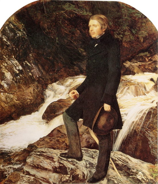 John Ruskin, a painting by his friend and fellow painter, Millais, standing at Glenfinlas, Scotland, (1853–54).