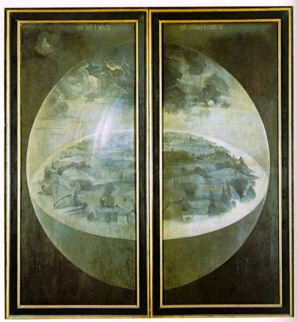 The exterior panels show the world during creation, probably on the Third Day, after the addition of plant life but before the appearance of animals and humans