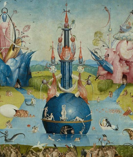 The central water-bound globe in the central panel’s upper background is a hybrid of stone and organic matter. It is adorned with nude figures cavorting both with each other and with various creatures, realistic, fantastic or hybrid
