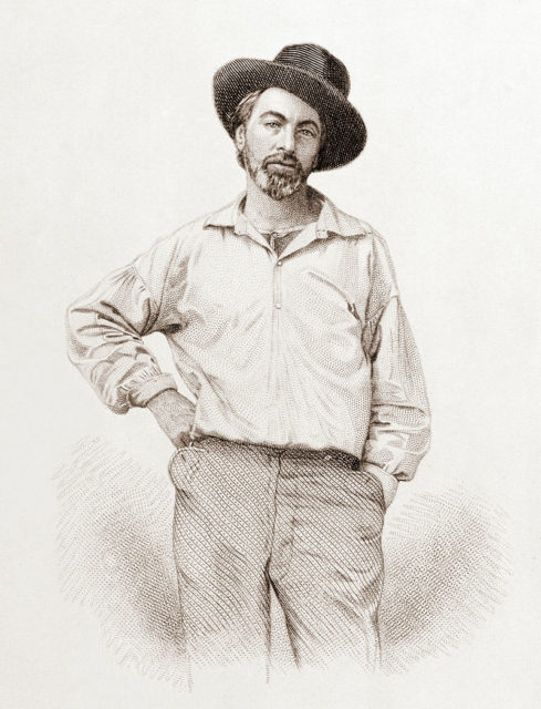 Walt Whitman, age 35, from the frontispiece to Leaves of Grass, Fulton St., Brooklyn, N.Y., steel engraving by Samuel Hollyer from a lost daguerreotype by Gabriel Harrison.