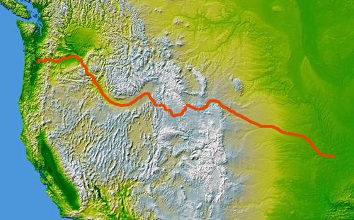 The route of the Oregon Trail shown on a map of the western United States from Independence, Missouri (on the eastern end) to Oregon City, Oregon (on the western end) Photo Credit