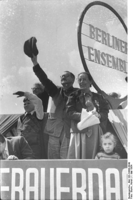 Brecht and Helene Weigel on the roof of the Berliner Ensemble during the International Workers’ Day demonstrations in 1954. Photo Credit
