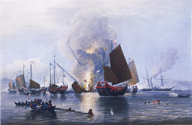 The East India Company steamship Nemesis (right background) destroying Chinese war junks during the Second Battle of Chuenpi, during the Opium Wars in 1841. 