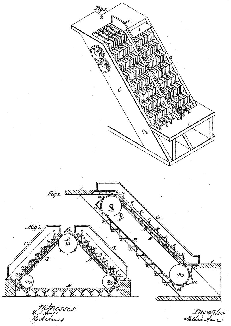 Illustration from U.S. Patent #25,076: Revolving Stairs. Issued August 9, 1859, to Nathan Ames.