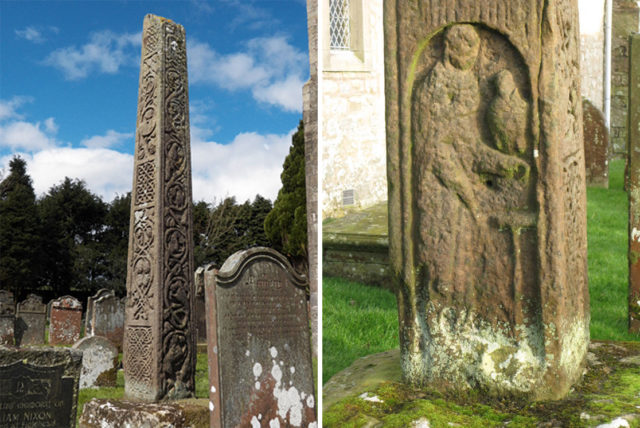 Left – The south and east faces of the cross  Photo Credit Right – The falconer-St John’s figure  Photo Credit