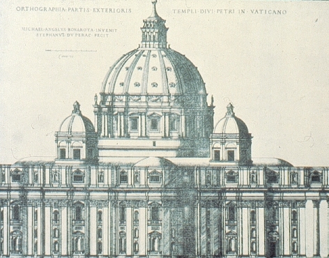 The engraving of St. Peter’s Basilica by Stefan du Pérac was published in 1569, five years after the death of Michelangelo