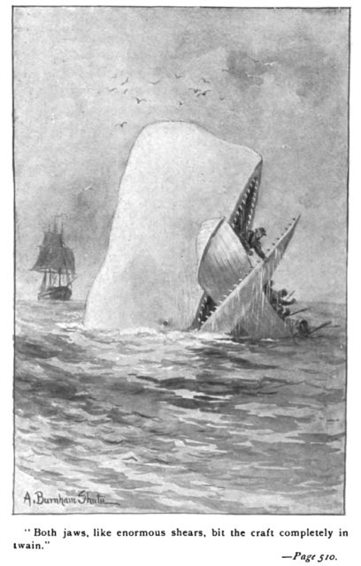 An illustration of Moby Dick attacking whalers from the first edition of Melville’s novel.