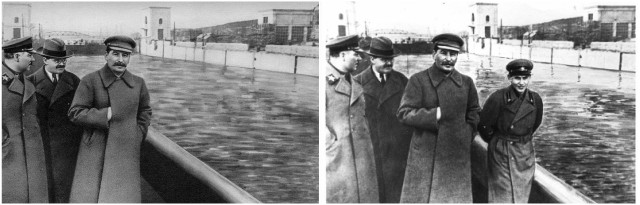 Nikolai Yezhov walking with Stalin in the top photo from the mid 1930s. Following his execution in 1940, Yezhov was edited out of the photo by Soviet censors. Yezhov became an “unperson.”