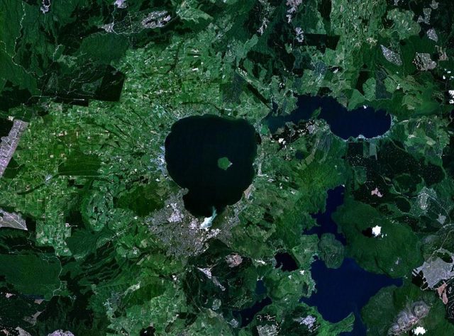 Satellite view of Lake Rotorua; Mount Tarawera is in the lower right corner
