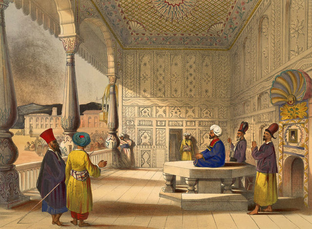 Interior of the palace of Shauh Shujah Ool Moolk, Late King of Cabul This lithograph is taken from plate 3 of ‘Afghaunistan’ by Lieutenant James Rattray.