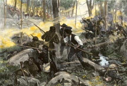 A painting of Loyalist and Patriot militia fighting at the Battle of Kings Mountain