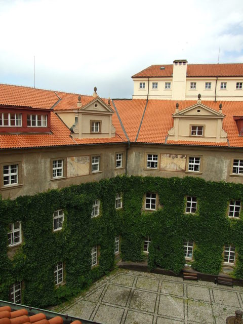 Prague Clementinum as seen from the top floor, where the Slavic library is situated. – By Aktron – CC BY-SA 3.0