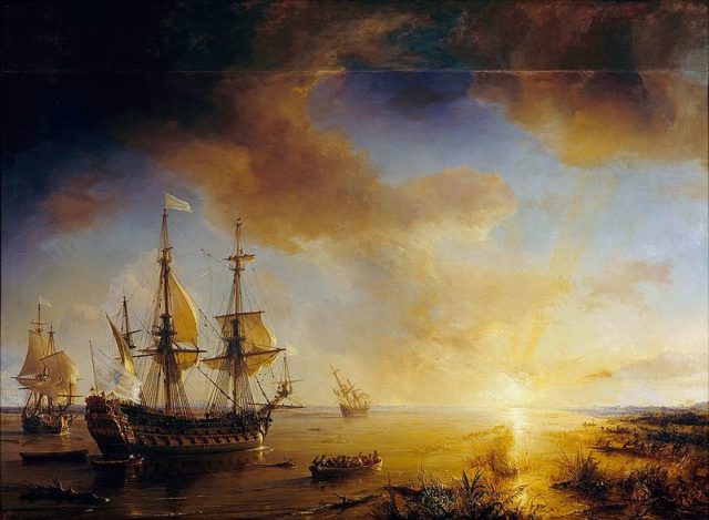 La Salle’s Expedition to Louisiana in 1684, painted in 1844, by Jean Antoine Théodore de Gudin. La Belle is on the left, Le Joly is in the middle, and L’Aimable is grounded on the right.