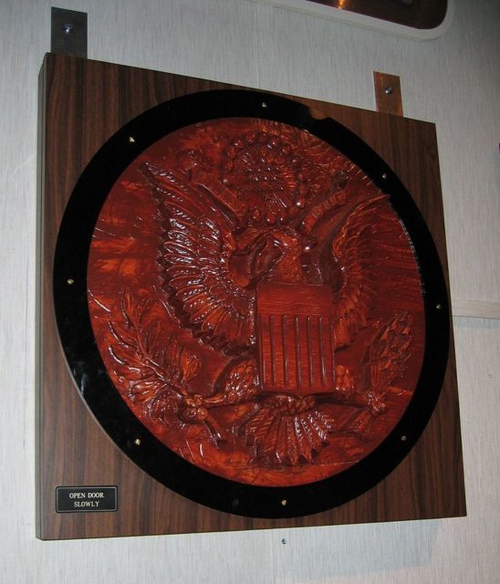 Replica of the Great Seal which contained a Soviet bugging device, on display at the NSA’s National Cryptologic Museum  Photo Credit