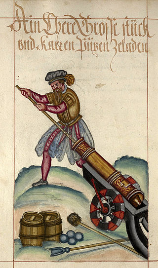 Illustration of a man loading a cannon, from a 1584 copy of Helm’s Buch von den probierten Künsten