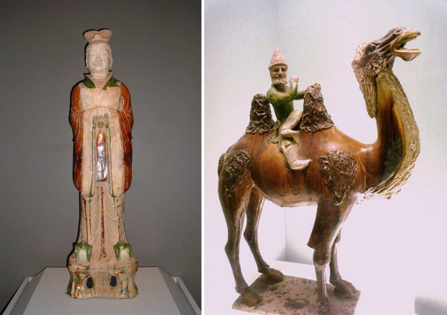 Left – Earthenware Tang dynasty tomb figure with sancai glaze, 7th-8th century   Photo Credit Right – Sogdian on a camel, in sancai, Tang dynasty tomb figure    Photo Credit