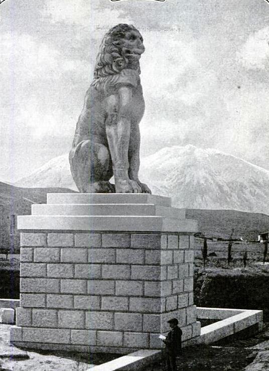 The Lion of Chaeronea as it appeared circa 1914 (note person in the foreground for scale). It was erected by the Thebans in memory of their dead after the battle of Chaeronea.