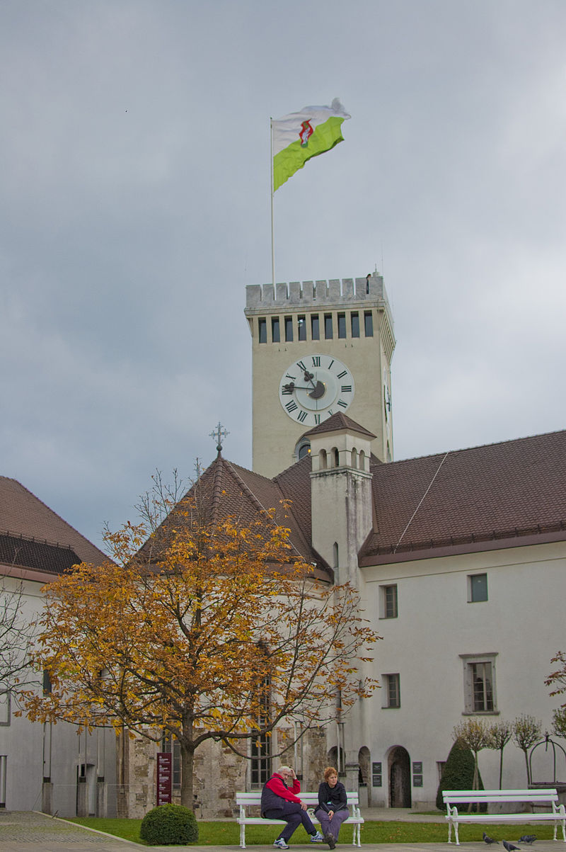 The tower with the Ljubljana city flag  Photo Credit