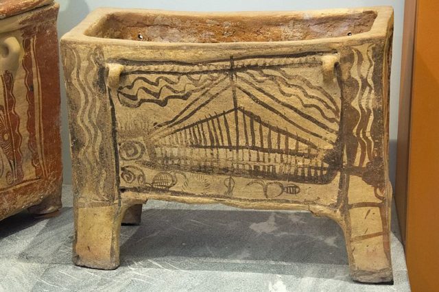 Minoan larnax with a painting of a boat. Archaeological Museum of Heraklion   Photo Credit