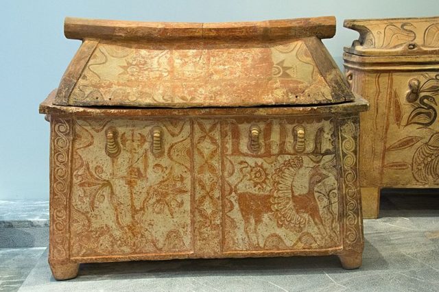 Minoan larnax with a painting of plants and winged creature. Archaeological Museum of Heraklion   Photo Credit