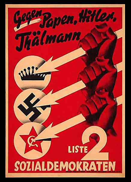 Sergei Chakhotin’s image of the three arrows as used by the SDP in 1932, opposing monarchism, National Socialism and communism  Photo Credit