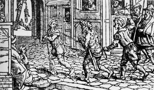A woodcut from circa 1536 depicting a vagrant being punished in the streets in Tudor England.