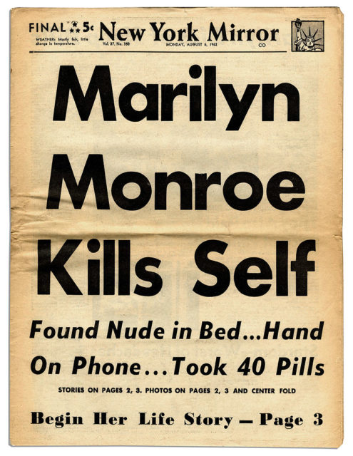 The front page of the New York Daily Mirror, published on August 6, 1962.