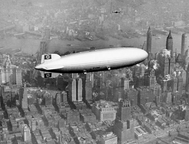 The Hindenburg over Manhattan, New York on May 6, 1937.