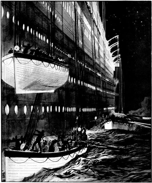 Lifeboats are launched into the sea as the Titanic sinks.