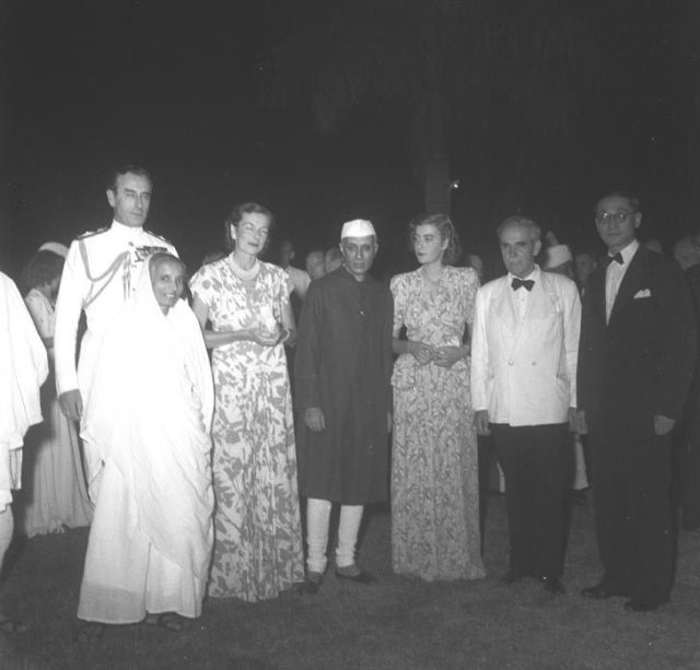 Photograph taken at the reception given at the Chinese Embassy on October 10th, 1947, on the anniversary of the Chinese Republic. Left to right: Lord Mountbatten, Miss Maniben Patel, Lady Mountbatten, Pandit Jawaharlal Nehru, Pamela Mountbatten, Prince de Ligne (Belgian Ambassador), and Dr. Tsien (Chinese Charge d Affaires). Photo credit
