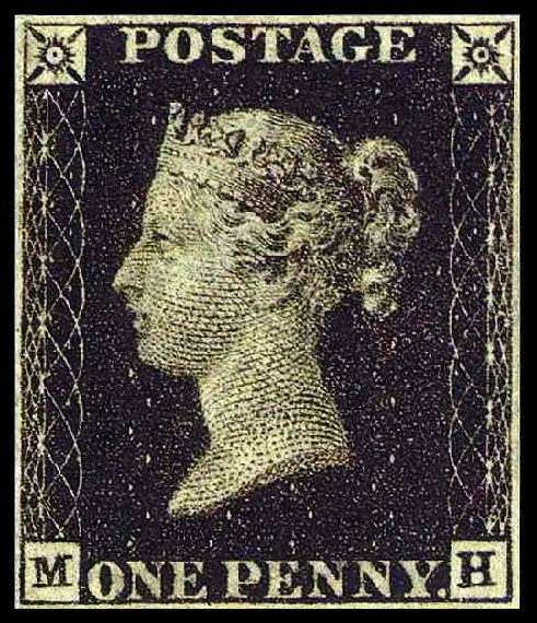 First world postal stamp ever issued : the Penny Black, Great Britain, 1840.