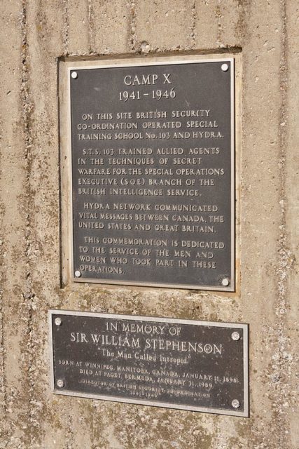 The main plaques on the monument at the site of Camp X, photo credit
