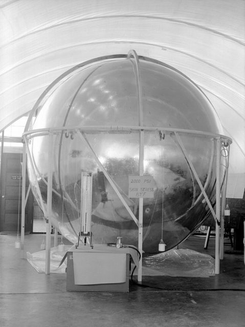 Photo of a large scale prototype of the Echo satellite undergoing a Skin Stress Test on May 1st, 1960. This prototype was 12 feet in diameter, with a specific size according to the ceiling height in the NASA Langley model shop. The Echo projects further allowed the US to demonstrate the world that like Russia, they were a major force in the space race as well