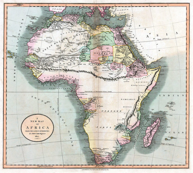 A map of Africa, made by John Cary in 1805 showing the mountains of Kong extending eastwards to the Moon Mountains