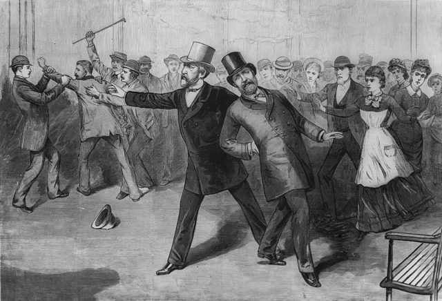 An engraving of James A. Garfield’s assassination, published in Frank Leslie’s Illustrated Newspaper