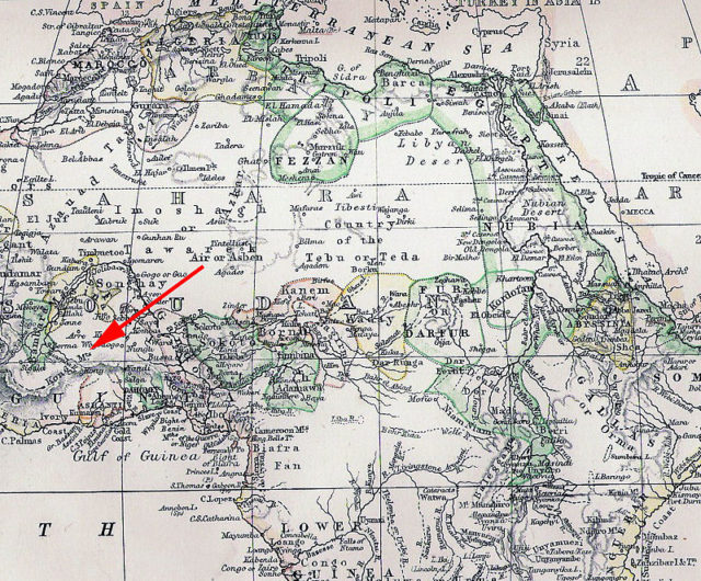From a 19th century atlas (1882), “Kong Mountains” marked (red arrow)