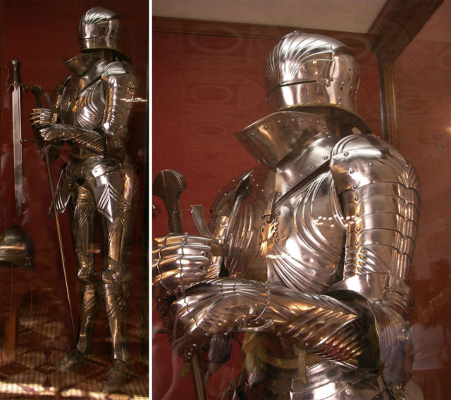 A suit of Maximilian plate armor of the late 15th century, made by Lorenz Helmschmied of Augsburg, now kept in the Hermitage Museum, St. Petersburg. Photo Credit1 Photo Credit2
