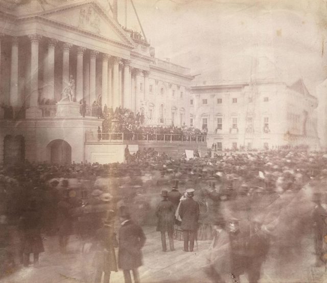 Inauguration of James Buchanan, March 4th, 1857, from a photograph by John Wood: Buchanan’s inauguration was the first one to be recorded in photographs