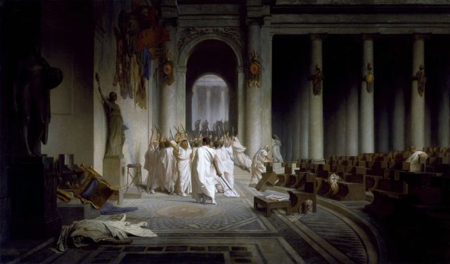 La Mort de César (ca. 1859–1867) by Jean-Léon Gérôme, depicting the aftermath of the attack with Caesar’s body abandoned in the foreground as the senators exult