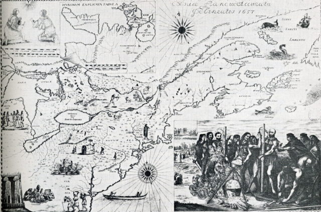 A 1657 map that depicts the martyrdom of Jean de Brébeuf and his companion Gabriel Lalemant