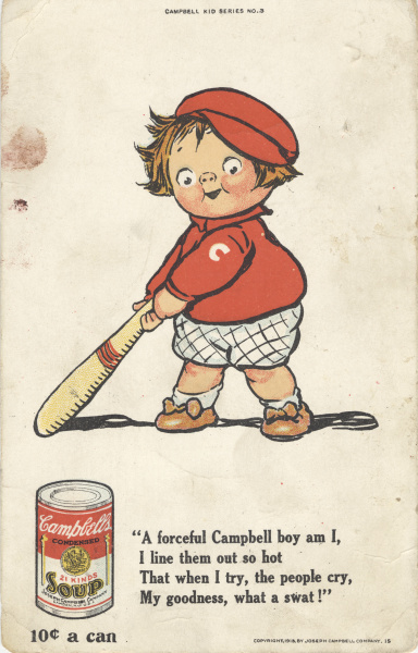 An advertisement for Campbell’s canned soup, circa 1913. The company’s success owes to the heavy advertising and marketing tactics. Children’s books illustrator, Grace Drayton, drew the so-called “Campbell’s kids” which were used in the advertisements.