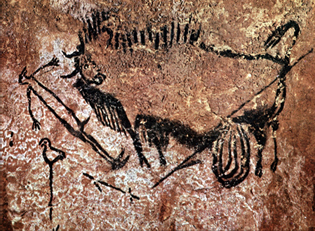 A very famous shaft scene of Lascaux: a man with a bird head and a bison, photo credit I, Peter80 CC BY-SA 3.0