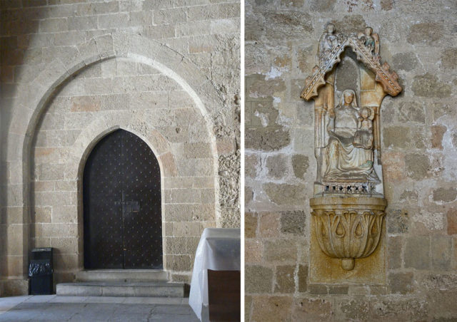 Left – Gothic portal.  Photo Credit                                      Right – Sculpture of Virgin Mary. Photo Credit
