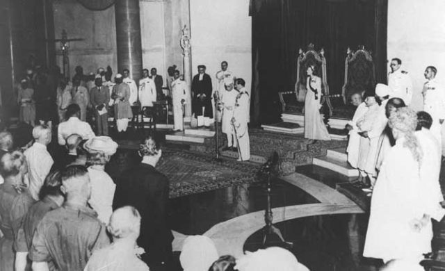 Lord Mountbatten swears in Pandit Jawaharlal Nehru as the first Prime Minister of free India at the ceremony held at 8.30 am on August 15, 1947.
