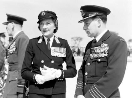 Countess Mountbatten pictured in the Uniform of the St John Ambulance Brigade with the Officer Commanding 78 Wing RAAF, Group Captain Brian A Eaton DSO, DFC of Canterbury, Vic, after the Anzac Day service in Malta. The Wing was stationed in Malta for the garrison.