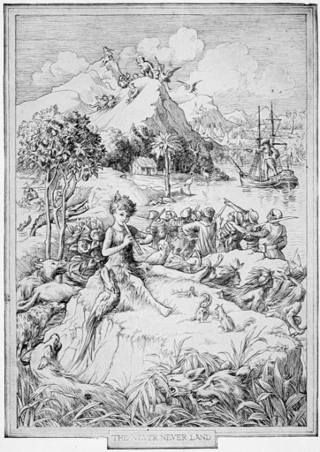 Illustration of Peter Pan playing the pipes, with Neverland in the background, by F. D. Bedford, from the novel Peter and Wendy published in 1911.