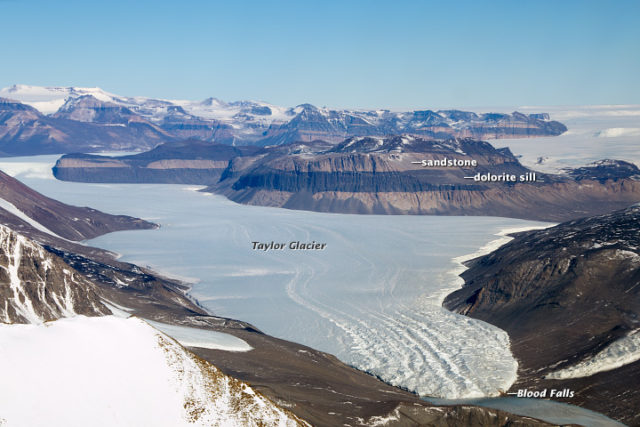 Photograph of The Taylor Valley and the glacier, taken by scientist Michael Studinger during his IceBridge project in Antarctica.
