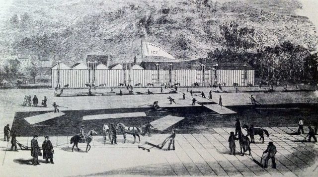 Harvesting ice near New York City, 1852, showing the vertical lifts used to fill the ice house.