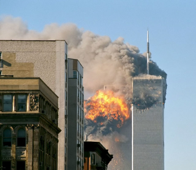 United Airlines Flight 175 crashes into the south tower of the World Trade Center complex in New York City during the September 11 attacks, photo credit